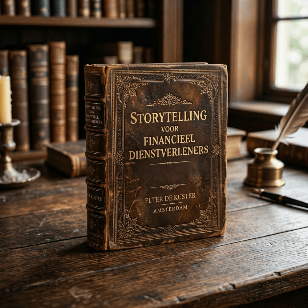 Antique leather-bound book titled 'Storytelling voor Financieel Dienstverleners' by Edwin de Vries, published in Amsterdam 1938