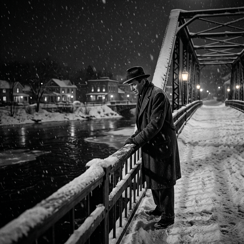 Man wearing hat and coat leaning on snow-covered bridge railing at night in snowfall